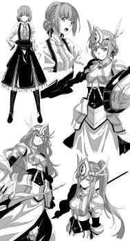 3girls arm_shield armor boots bow_(weapon) braid braided_bun breastplate closed_mouth double_bun duvalie eiyuu_densetsu ennea_(eiyuu_densetsu) feathers greyscale hair_bun headpiece highres ines_(eiyuu_densetsu) knight long_hair looking_at_viewer monochrome multiple_girls multiple_views pauldrons ponytail sen_no_kiseki sen_no_kiseki_(series) sen_no_kiseki_i sen_no_kiseki_iii serious short_hair shoulder_armor simple_background sketch skirt smile suspender_skirt suspenders wavy_hair weapon werkbau