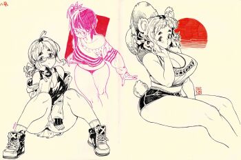 3girls :/ ahoge animal_ears armpit_crease artist_logo bare_shoulders bear_ears bear_girl bear_tail between_legs blush bow breasts cleavage closed_mouth clothes_lift clothes_pull clothes_writing collarbone commentary crop_top cropped_legs curvy dated english_commentary full_body glasses hair_bow hand_between_own_legs hand_in_own_hair hand_on_own_cheek hand_on_own_face hat highres huge_breasts invisible_chair jacket jacket_pull knees_up kumako_(poch4n) large_breasts logo long_sleeves looking_at_viewer looking_down looking_over_eyewear looking_to_the_side marker_(medium) medium_hair midriff multiple_girls multiple_monochrome navel off-shoulder_sweater off_shoulder original panties paper_background pen_(medium) photo_(medium) pleated_skirt poch4n red_background ribbed_socks scoop_neck shirt shoes short_shorts shorts side_ponytail single_bare_shoulder sitting skirt sleeves_past_wrists smile sneakers socks straw_hat sun sweater sweater_lift tail tank_top thick_eyebrows thick_thighs thighs traditional_media underwear
