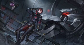 1girl au_ra black_bodysuit black_gloves black_hair black_scales bodysuit breasts commentary cropped_jacket dragon_horns dutch_angle english_commentary final_fantasy final_fantasy_xiv fins fish_tail gloves highres horns indoors jacket large_breasts mecha mechanical_tail multicolored_hair open_clothes open_jacket open_mouth outrunner_(ff14) red_eyes red_hair robot seneka_grafika shark_tail short_hair solo tail two-tone_hair warrior_of_light_(ff14)