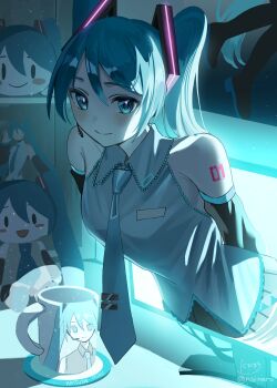 1girl absurdres aqua_eyes aqua_hair black_skirt character_doll collar computer cup detached_sleeves doll hair_ornament hatsune_miku highres long_hair looking_at_viewer miku_day monitor mug necktie nibimaro number_tattoo skirt stuffed_toy tattoo twintails very_long_hair vocaloid