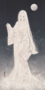 1girl absurdres breasts cleavage full_body full_moon highres japanese_clothes kimono long_hair long_sleeves looking_at_viewer moon off_shoulder original parted_hair seal_impression signature standing ushiyama_ame very_long_hair white_hair white_kimono wide_sleeves