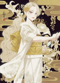 Rule 34 | 1girl, absurdres, chinese knot, closed mouth, commentary request, cowboy shot, flower, highres, holding, holding sword, holding weapon, japanese clothes, katana, kimono, lily (flower), long hair, looking at viewer, obi, original, ponytail, sash, seal impression, sheath, signature, solo, standing, sword, unsheathing, ushiyama ame, very long hair, wavy hair, weapon, white flower, white hair, white kimono