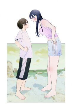 1boy 1girl bare_shoulders barefoot black_hair black_shorts blue_eyes blue_shorts blush boku_no_kokoro_no_yabai_yatsu border brown_eyes camisole clenched_hand clenched_teeth eyes_visible_through_hair from_side hand_on_own_hip height_difference hetero highres horizon ichikawa_kyoutarou kiyo_ishida leaning_forward long_hair looking_at_another mole mole_on_neck multiple_moles ocean outdoors outside_border pink_camisole profile rock shirt shore short_hair short_male shorts sky standing t-shirt tall_female teeth white_border white_shirt yamada_anna