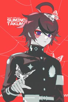 Rule 34 | 1boy, ahoge, armband, black jacket, black streaks, blue eyes, bug, butterfly, butterfly on hand, butterfly tattoo, candle cake 242, character name, commentary, dated, expressionless, eyeshadow, facial tattoo, gakuran, gloves, highres, insect, jacket, last defense academy school uniform, looking at viewer, makeup, male focus, multicolored hair, red background, red eyeshadow, red hair, ringed eyes, school uniform, short hair, silk, solo, spider web, streaked hair, sumino takumi, tattoo, the hundred line -last defense academy-, twitter username, two-tone hair, upper body, white armband, white gloves
