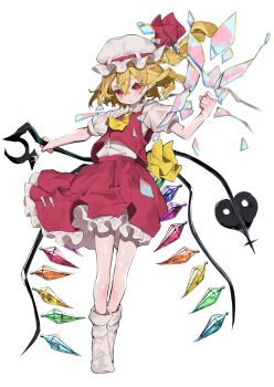 1girl ascot bat_wings blonde_hair blush bow broken_glass crystal crystal_wings flandre_scarlet glass hat hat_ribbon highres holding holding_weapon kararage_tsune laevatein_(touhou) looking_at_viewer mob_cap multicolored_wings one_side_up open_mouth puffy_short_sleeves puffy_sleeves red_eyes red_skirt red_vest ribbon shirt short_hair short_sleeves side_ponytail simple_background skirt skirt_set smile socks solo standing touhou vest weapon white_background white_hat white_socks wings yellow_ascot