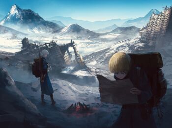 1boy 1girl absurdres backpack bag bedroll belt belt_pouch blonde_hair blue_eyes blue_sky boots building campfire closed_mouth embers fire fire gun highres holding holding_map map mole mole_under_eye mountain open_mouth original outdoors pouch ruins scenery short_hair sky sleeping_bag snow tongue triangle_mouth ujimine weapon weapon_on_back white_hair