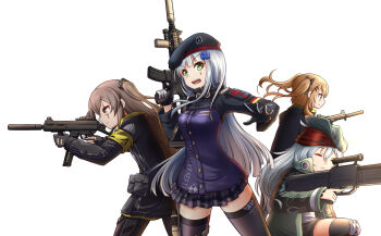404_(girls&#039;_frontline) 4girls armband assault_rifle beret black_bow black_gloves black_hat black_jacket black_pantyhose black_shorts black_skirt black_thighhighs bow brown_eyes brown_hair bullpup caseless_firearm closed_eyes commentary double-parted_bangs english_commentary eotech fingerless_gloves g11_(girls&#039;_frontline) german_flag girls&#039;_frontline gloves green_eyes green_hat green_jacket grey_hair gun h&amp;k_g11 h&amp;k_hk416 h&amp;k_ump hair_between_eyes hair_bow hair_ornament handgun hat hk416_(girls&#039;_frontline) holding holding_gun holding_weapon holster hood hood_down hooded_jacket jacket jiwon_(sj1) knee_pads long_hair long_sleeves magazine_(weapon) miniskirt multiple_girls one_side_up open_clothes open_jacket open_mouth pantyhose plaid_clothes plaid_skirt pout purple_jacket purple_skirt rifle scar scar_across_eye scar_on_face scope shirt shorts sidelocks skirt smile submachine_gun suppressor thigh_holster thigh_strap thighhighs twintails two-sided_fabric two-sided_jacket ump45_(girls&#039;_frontline) ump9_(girls&#039;_frontline) weapon white_shirt yellow_armband yellow_jacket yellow_skirt