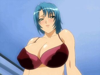00s animated animated_gif blue_hair blush bouncing_breasts bra bra_pull breasts clothes_pull doki_doki_oyako_lesson green_eyes huge_breasts mature_female nipples satou_nami screencap short_hair underwear