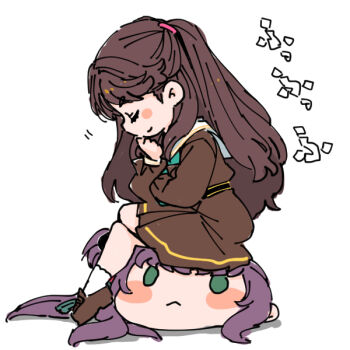 1girl blush_stickers brown_dress brown_hair brown_shoes character_doll closed_eyes commentary doll dress fujishima_megumi green_eyes green_neckerchief hasu_no_sora_school_uniform link!_like!_love_live! loafers long_hair long_sleeves love_live! medium_dress neckerchief otomune_kozue pleated_dress profile purple_hair sailor_collar sailor_dress school_uniform shinanoya_(satanicad) shoes sitting smile socks solo translation_request two_side_up virtual_youtuber white_sailor_collar white_socks winter_uniform