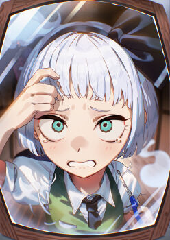1girl alternate_hairstyle arm_up ascot black_ascot black_bow black_hairband blush bob_cut bow bow_hairband breasts collared_shirt commentary_request cutting_hair cutting_own_hair green_eyes green_vest hair_bow hairband highres indoors konpaku_youmu medium_breasts mirror parted_lips puffy_short_sleeves puffy_sleeves reflection reflection_focus shirt short_hair short_sleeves solo tearing_up touhou u_u_zan upper_body vest white_hair white_shirt worried
