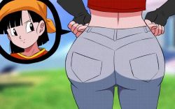 1girl animated annoyed ass black_gloves black_hair close-up clothes_pull denim divine_wine_(vampiranhya) dragon_ball dragon_ball_gt dressing fingerless_gloves frown gloves huge_ass jeans jiggle kyojiri_loli loli lowres pan_(dragon_ball) panties pants pants_pull shirt short_hair smile thong toei_company underwear video white_panties