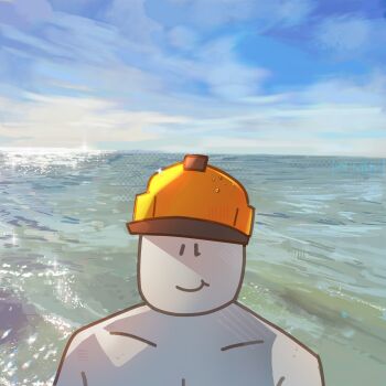 1other backlighting builderman_(roblox) cloud cloudy_sky commentary day english_commentary flxphlx hat highres horizon looking_at_viewer other_focus outdoors pectorals roblox scenery sky smile solo topless_male upper_body