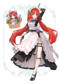 1girl absurdres apron aqua_eyes arm_behind_head black_dress chibi closed_mouth commentary_request dress genshin_impact gun highres holding holding_gun holding_weapon hoyofair kneehighs komiya_latte long_hair long_sleeves looking_at_viewer low_twintails maid maid_apron maid_headdress multiple_views nilou_(breeze_of_sabaa)_(genshin_impact) nilou_(genshin_impact) no_shoes red_hair simple_background smile socks standing standing_on_one_leg twintails very_long_hair weapon white_apron white_background white_socks