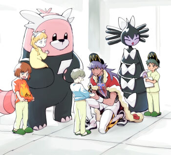 1girl 4boys baseball_cap bewear cape carrying champion_uniform commentary_request dark-skinned_male dark_skin facial_hair fur-trimmed_cape fur_trim gen_5_pokemon gen_7_pokemon gloves gothitelle hat holding holding_pen leggings leon_(pokemon) long_hair monji_samonji multiple_boys nintendo on_one_knee parted_lips partially_fingerless_gloves pen pokemon pokemon_(creature) pokemon_swsh purple_hair red_cape shield_print shirt shoes short_shorts short_sleeves shorts signing single_glove smile sword_print tile_floor tiles white_shorts yellow_eyes