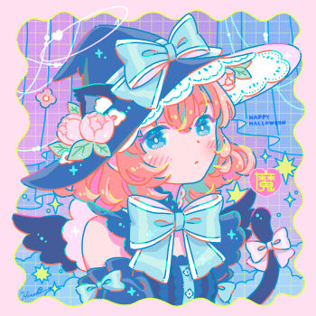 1girl :o animal_ear_fluff animal_ears aqua_bow aqua_bowtie bare_shoulders blue_background blue_dress blue_hat blush border bow bowtie cat_ears cat_girl cat_tail cloud commentary detached_sleeves dress ears_through_headwear english_commentary english_text flower gradient_background green_eyes grid_background halloween happy_halloween hat hat_bow highres hiro046k looking_at_viewer orange_hair original pink_border pink_flower purple_background short_hair signature solo sparkle tail upper_body witch witch_hat