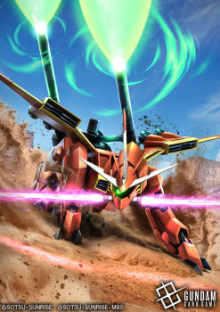 Rule 34 | card (medium), commentary request, copyright logo, copyright name, copyright notice, desert, double blade, energy cannon, energy sword, glowing, glowing eye, gundam, gundam card game, gundam seed, hiropon (tasogare no puu), lagowe, logo, mecha, mecha focus, mobile suit, no humans, official art, one-eyed, robot, shoulder cannon, sword, weapon