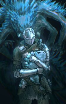 Rule 34 | > <, +++, 1other, artist name, ashen one (dark souls), blurry, blurry background, commentary, crystal lizard (fromsoftware), dark souls (series), dark souls iii, english commentary, extra arms, gauntlets, helm, helmet, highres, monster, rashuu, ravenous crystal lizard, standing, twitter username