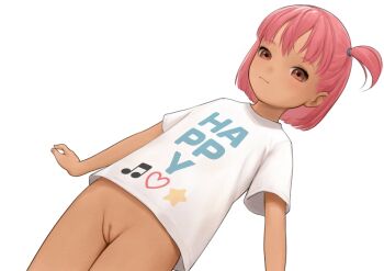 1girl bottomless censored cleft_of_venus closed_mouth clothes_writing dark-skinned_female dark_skin dutch_angle flat_chest kuroshiro00 loli looking_at_viewer mosaic_censoring musical_note one_side_up original pink_eyes pink_hair print_shirt pussy red_eyes shirt short_hair short_sleeves simple_background smile solo t-shirt webp-to-png_conversion white_background white_shirt