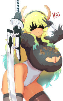 1girl 2b_(nier:automata) cosplay green_hair highres horns kobayashi-san_chi_no_maidragon large_variant_set lucoa_(maidragon) nier:automata nier_(series) reiwa_rerere simple_background smile solo standing sword tan thighs variant_set weapon