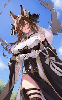 1girl absurdres animal_ear_fluff animal_ears anri_(user_ncce8585) black_dress breasts brown_hair closed_eyes collar covered_navel detached_sleeves dress galleon_(granblue_fantasy) gloves granblue_fantasy hair_between_eyes highres horns large_breasts long_hair open_mouth pouch solo thigh_pouch veil white_collar white_gloves white_veil