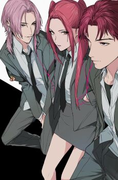 Rule 34 | 1girl, 2boys, abby (kpop demon hunters), alternate costume, amikoiiko, arms between legs, backpack, badge, bag, black background, black shirt, blazer, brown eyes, button badge, character name, closed mouth, commentary, dress shirt, earbuds, earphones, earrings, english commentary, feather earrings, feathers, feet out of frame, from side, half updo, hands in pockets, heart ornament, highres, jacket, jewelry, kpop demon hunters, lapels, long hair, long sleeves, looking at another, loose necktie, medium hair, mira (kpop demon hunters), mismatched eyebrows, multiple boys, necktie, notched lapels, open clothes, open jacket, pink hair, pleated pants, polyamory, romance (kpop demon hunters), school uniform, shirt, shirt under shirt, short hair, simple background, skirt, smile, twintails, two-tone background, white background, white shirt