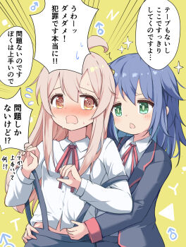 2girls @_@ ^^^ ahoge black_jacket blue_hair blush brown_eyes clothes_pull commentary d: emphasis_lines flying_sweatdrops green_background green_eyes hair_between_eyes highres imminent_handjob implied_futanari jacket kazura long_hair long_sleeves mars_symbol multiple_girls neck_ribbon nose_blush onii-chan_wa_oshimai! open_mouth oyama_mahiro pink_hair red_ribbon ribbon school_uniform shirt simple_background skirt skirt_pull sparkle speech_bubble suspender_skirt suspenders suspenders_slip tenkawa_nayuta translated triangle_mouth undressing_another white_shirt yotsuba_university_affiliated_junior_high_school_uniform