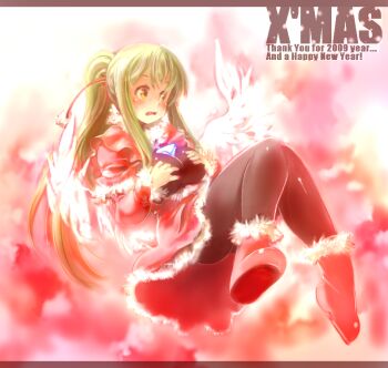 Rule 34 | 2009, blush, boots, breasts, christmas, commentary request, curvy, dress, energy wings, full body, fur-trimmed boots, fur-trimmed dress, fur trim, green hair, happy new year, large breasts, long hair, new year, ponytail, sachito, sumi-chan (sachito), thank you, wide hips, yellow eyes
