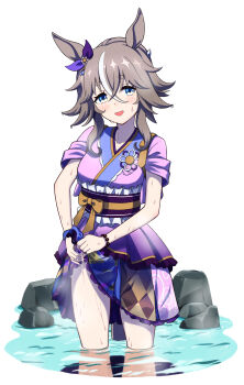 1girl absurdres animal_ears bead_bracelet beads blue_eyes blush bow bracelet breasts ear_bow ear_ornament grey_hair hair_between_eyes hair_bun highres hinoaki horse_ears horse_girl horse_tail japanese_clothes jewelry kimono long_hair looking_at_viewer multicolored_hair onsen open_mouth pink_kimono purple_bow purple_kimono sash sleeves_rolled_up smile solo streaked_hair sweat tail umamusume water wonder_acute_(soft_light_-_hot_spring_scented_outfit)_(umamusume) wonder_acute_(umamusume) wringing_clothes