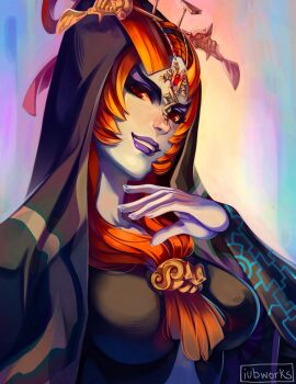 1girl artist_name black_robe blue_skin breasts colored_skin commentary english_commentary front_ponytail hair_ornament highres hood hood_up hooded_robe iubworks looking_at_viewer midna midna_(true) nintendo orange_hair purple_lips red_eyes robe smile solo the_legend_of_zelda the_legend_of_zelda:_twilight_princess upper_body