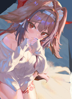 1girl animal_ears blush borrowed_clothes breasts brown_hair brown_tail cleavage clenched_hands closed_mouth collarbone commentary dress_shirt droopy_ears embarrassed english_commentary hair_ornament hairband hands_up highres horse_ears horse_girl horse_tail leg_tattoo long_hair looking_at_viewer mashaer naked_shirt off_shoulder oversized_clothes red_eyes seiza shirt sitting solo sweat tail tattoo white_hairband white_shirt ye_shunguang zenless_zone_zero