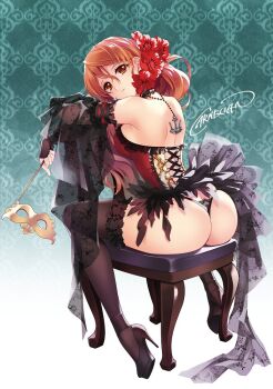 Rule 34 | 1girl, anchor, artist name, ass, back, black thighhighs, breasts, butt crack, carnelian, chair, choker, commentary request, domino mask, eye mask, flower, full body, hair flower, hair ornament, high heels, italia (kancolle), kantai collection, littorio (kancolle), looking at viewer, mask, medium breasts, orange eyes, red hair, revision, sideboob, sitting, solo, thighhighs, thong