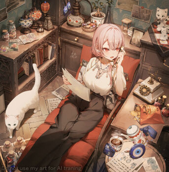 1girl animal antique_phone book cat chips_(food) earrings eyelashes food hair_between_eyes highres holding holding_paper hourglass indoors jar jewelry lamp light_blush long_hair looking_afar mole mole_under_eye open_mouth original pants paper photo_(object) pink_eyes pink_hair plant potato_chips shelf shirt short_eyebrows short_sleeves sitting solo stud_earrings table tamago_nezumi teapot white_cat