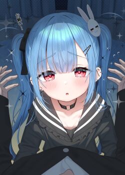 1boy 1girl black_bow blue_hair blush bow collarbone commentary_request ear_piercing frills grey_shirt hair_bow hair_ornament hairclip highres kanae_(tsukiman) long_hair long_sleeves looking_at_viewer original parted_lips piercing rabbit_hair_ornament red_eyes sailor_collar shirt solo_focus tsukiman twintails