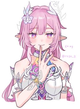 1girl absurdres bare_shoulders blush breasts commentary cropped_torso cyrene_(demiurge)_(honkai:_star_rail) cyrene_(honkai:_star_rail) diamond-shaped_pupils diamond_(shape) dress flower hair_flower hair_ornament highres honkai:_star_rail honkai_(series) karua0621 large_breasts long_hair looking_at_viewer multicolored_hair pink_hair pointy_ears purple_eyes revision simple_background smile solo symbol-only_commentary symbol-shaped_pupils two-tone_hair very_long_hair white_background white_dress white_hair