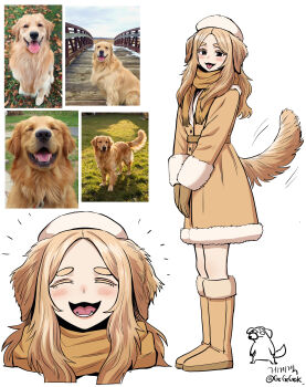 1girl absurdres animal_ears beret black_eyes blush boots brown_boots brown_coat brown_gloves brown_hair brown_scarf closed_eyes coat dog dog_ears dog_girl dog_tail facing_viewer full_body fur-trimmed_boots fur-trimmed_coat fur-trimmed_sleeves fur_trim gegegekman gloves golden_retriever happy_aura hat highres knee_boots long_hair long_sleeves looking_at_viewer multiple_views open_mouth original photo_inset portrait reference_inset scarf simple_background smile tail tail_wagging tongue tongue_out twitter_username white_background white_hat