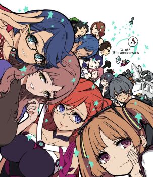 4boys 6+girls anniversary ano_natsu_de_matteru azuma_sawayoshi blue_eyes breasts brown_hair character_request commentary_request dress everyone glass kitahara_mio large_breasts long_hair looking_at_viewer multiple_boys multiple_girls purple_eyes red_hair short_hair smile takatsuki_ichika tanigawa_kanna twintails yamano_remon yellow_eyes