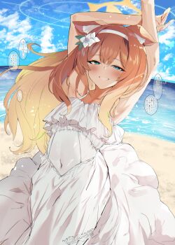 animal_ears arm_over_head armpits beach blue_archive blue_eyes cat_ears cloud covered_navel dress flower flower_on_head frilled_dress frills green_streaks grey_streaks hair_between_eyes halo headband highres leaf long_hair looking_at_viewer mari_(blue_archive) multicolored_hair noto_kurumi ocean orange_hair red_streaks smile streaked_hair sundress teeth translated white_dress white_flower white_headband yellow_halo