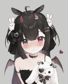 1girl 1other 2022 ahoge bare_shoulders bat_wings black_hair blush choker clavicles floating_wings heart heart_ahoge heterochromia highres horns indie_virtual_youtuber kamiru_runa loli long_hair rabbit_ears solo strap_slip toy twintails vampire virtual_youtuber wao_nwon wings