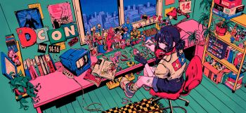 1girl absurdres black_gloves black_shorts book book_stack bookshelf crisalys desk figure from_above from_behind gloves headphones headphones_around_neck highres indoors lamp leaf looking_at_viewer looking_back open_book original plant poster_(object) potted_plant print_shirt rug shirt shoes short_sleeves shorts single_glove sneakers solo studio the_thing wide_shot window