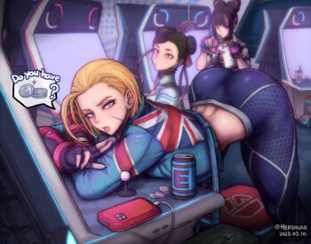 3girls ahoge arcade arcade_cabinet ass black_hair blonde_hair blue_eyes bracelet brown_eyes brown_hair cammy_white can capcom cellphone chun-li coin commentary cropped_jacket cup dated disposable_cup double_bun drill_hair drink_can drinking drinking_straw drinking_straw_in_mouth earrings energy_tank english_commentary english_text facial_scar fingerless_gloves gloves hair_bun hair_horns hair_ribbon han_juri hershuar huge_ahoge indoors jewelry leaning_on_object looking_at_viewer mega_man_(series) multicolored_hair multiple_girls pants phone pink_eyes pink_hair ribbon scar scar_on_cheek scar_on_face short_hair smartphone smartphone_case soda_can speech_bubble spiked_bracelet spikes spoken_object streaked_hair street_fighter street_fighter_6 tight_clothes tight_pants twin_drills twitter_username two-tone_hair union_jack