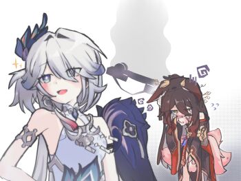 2girls absurdres animal_ears armlet bare_shoulders blue_eyes brown_robe car car_crash commentary crying crying_with_eyes_open dress ears_down fox_ears fox_girl fox_tail fugue_(honkai:_star_rail) gradient_background green_eyes hair_between_eyes hair_over_one_eye highres honkai:_star_rail honkai_(series) ilo_qll jewelry long_hair looking_at_viewer looking_down messy_hair motor_vehicle multiple_girls multiple_tails open_mouth peacock_feathers_hair_ornament pink_tail robe scene_reference silver_armlet sleeveless sleeveless_dress smoke tail tears tingyun_(honkai:_star_rail) upper_body very_long_hair white_dress white_hair yao_guang_(honkai:_star_rail)