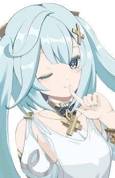 1girl absurdres aqua_hair aqua_nails aqua_pupils armpit_crease blunt_bangs bracelet clothing_cutout collarbone colored_eyelashes commentary_request cowlick double-parted_bangs dress faruzan_(genshin_impact) genshin_impact gold hair_between_eyes hair_ornament highres index_finger_raised jewelry long_hair mishirosora neck_ring one_eye_closed pointing pointing_at_self short_sleeves shoulder_cutout sidelocks solo symbol-shaped_pupils triangle-shaped_pupils twintails white_background white_dress white_sleeves x_hair_ornament yellow_eyes