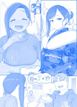 1boy 1girl :d ^_^ blue_theme blush bottle breasts cellphone closed_eyes closed_mouth commentary_request cup drunk faceless faceless_male floral_print floral_print_kimono fur-trimmed_kimono fur_trim getsuyoubi_no_tawawa highres himura_kiseki holding holding_bottle holding_cup holding_phone index_finger_raised japanese_clothes kimono kouhai-chan_(tawawa) large_breasts long_sleeves looking_at_viewer mole mole_under_eye monochrome obi open_mouth phone print_kimono sash smile sparkle sweater television turtleneck turtleneck_sweater