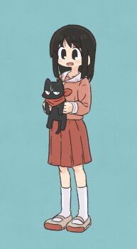 Rule 34 | 1girl, animal, ankle socks, aqua background, azumanga daioh's school uniform, azumanga daiou, black cat, black hair, blush, brown eyes, cat, commentary request, crossover, highres, holding, holding animal, holding cat, kasuga ayumu, long hair, long sidelocks, nichijou, open mouth, pink serafuku, pink shirt, red scarf, red skirt, sagami sagari, sailor collar, sakamoto (nichijou), sandals, scarf, school uniform, serafuku, shirt, sidelocks, simple background, skirt, socks, sweat, white sailor collar, white socks, winter uniform