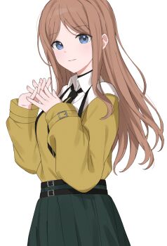 1girl absurdres bang_dream! bang_dream!_it&#039;s_mygo!!!!! black_choker black_necktie blue_eyes brown_hair choker commentary green_skirt highres interlocked_fingers long_hair merlin_(mer71n) mitsuketa_keshiki_tazusaete nagasaki_soyo necktie purple_eyes sidelocks simple_background skirt solo suspenders sweater white_background yellow_sweater