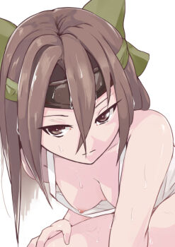 1girl aged_down arm_support bare_shoulders bow breasts brown_eyes brown_hair camisole double-parted_bangs expressionless green_bow hachimaki hair_bow headband highres jintsuu_(kancolle) kantai_collection large_breasts leaning_forward long_hair looking_at_viewer nipples sidelocks simple_background solo underwear wet white_background white_camisole wo_jianqiang_fu_guo