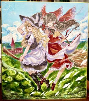 2girls absurdres apron ascot black_boots black_hat black_skirt black_vest blonde_hair boots bow braid broom broom_riding brown_eyes brown_hair brown_shoes commentary_request day detached_sleeves frilled_apron frilled_bow frilled_hair_tubes frilled_skirt frills full_body gohei hair_bow hair_tubes hakurei_reimu hand_on_headwear hat hat_bow highres holding holding_gohei kirisame_marisa lace-up_boots loafers long_hair looking_at_viewer marker_(medium) mitsu~ multiple_girls multiple_riders open_mouth outdoors photo_(medium) red_bow red_skirt red_vest ribbon-trimmed_sleeves ribbon_trim shoes short_sleeves side_braid single_braid skirt skirt_set smile socks touhou traditional_media vest waist_apron white_apron white_bow white_socks witch witch_hat yellow_ascot yellow_eyes