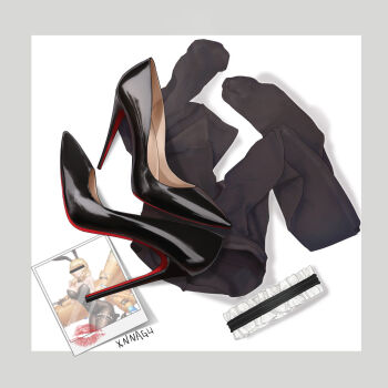 1girl animal_ears artist_name bar_censor black_footwear black_leotard black_pantyhose blonde_hair border bow bowtie breasts censored censored_identity detached_collar fake_animal_ears frills grey_border high_heels highres leotard no_humans outside_border pantyhose photo_(object) playboy_bunny rabbit_ears shoes simple_background stiletto_heels still_life strapless strapless_leotard thighhighs unworn_clothes unworn_shoes unworn_thighhighs white_background xnnagu