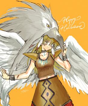 1girl 203wolves brown_hair cosplay cowboy_shot feathered_wings guardian_eatos guardian_eatos_(cosplay) halloween highres long_hair navel orange_background simple_background solo tenjouin_asuka white_wings wings yu-gi-oh! yu-gi-oh!_gx