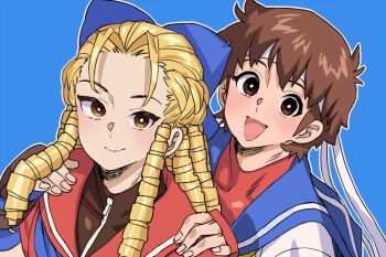 2girls :d blonde_hair blue_background blue_bow bow bright_pupils closed_mouth commentary_request hair_bow headband kanzuki_karin kasugano_sakura long_hair multiple_drills multiple_girls open_mouth outline simple_background smile street_fighter wakaho_riku white_headband white_outline white_pupils yellow_eyes